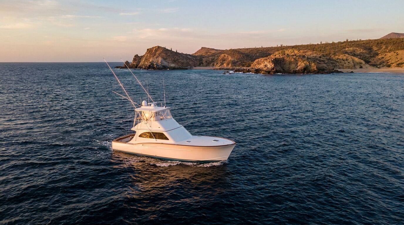Sportfishing boat heading offshore at dawn in Los Cabos